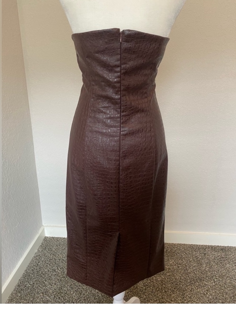 7 For All Mankind Strapless Snakeskin Faux Leather Dark Brown Midi Dress - Picture 2 of 6